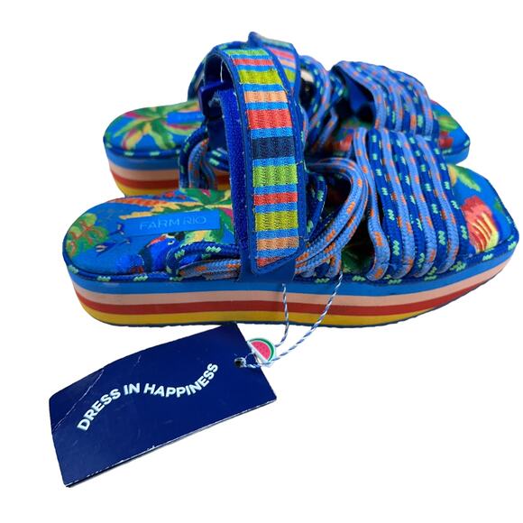 Farm Rio NWT Macaw Platform Rainbow Sandals Size 7 Open Toe Strappy Tropical - Picture 3 of 7